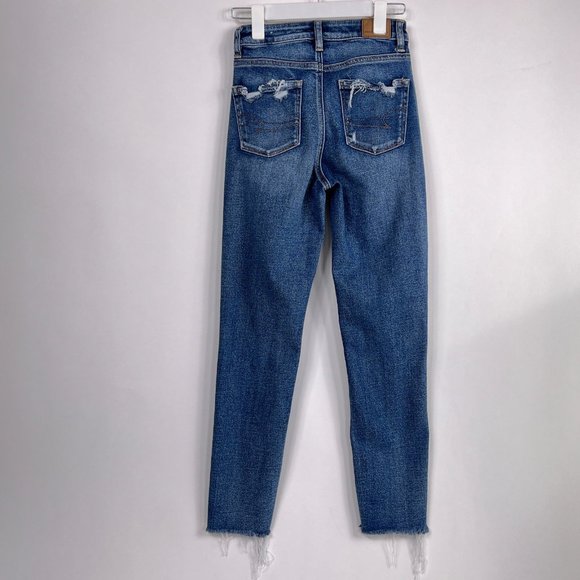 AE American Eagle Mom Jean Distressed Destroyed Mid Rise Stretch Denim Size 0 - Picture 6 of 13
